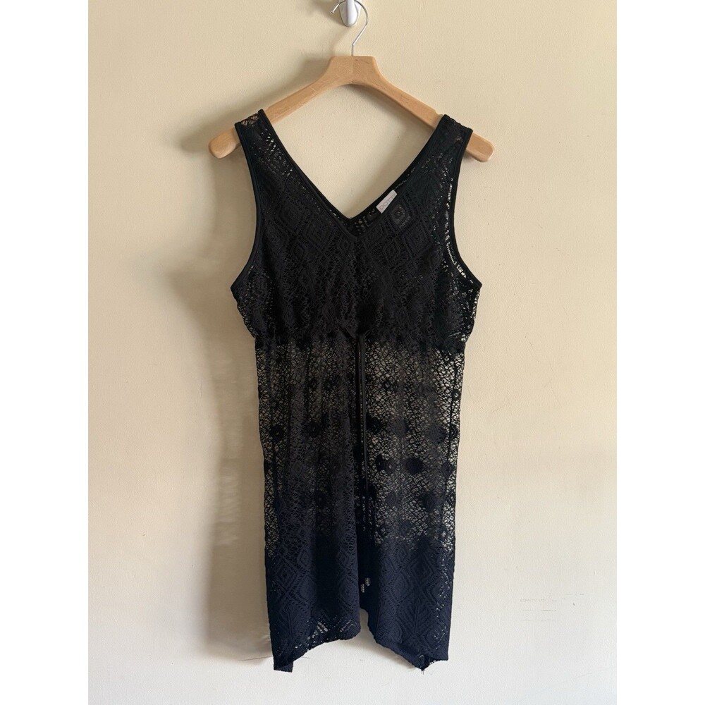 Dotti Cover-Up Swimsuit Cover Up Black Crochet Drawstring Medium Tank Boho